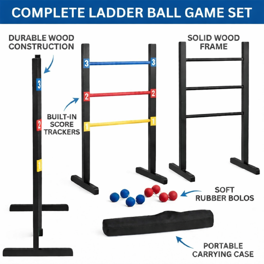 Bolaball Pro Ladder Toss Game Set - Indoor/Outdoor, Medium Size, Steel, Black, Model 212106, Includes 6 Soft Rubber Bolo Balls & Carry Case