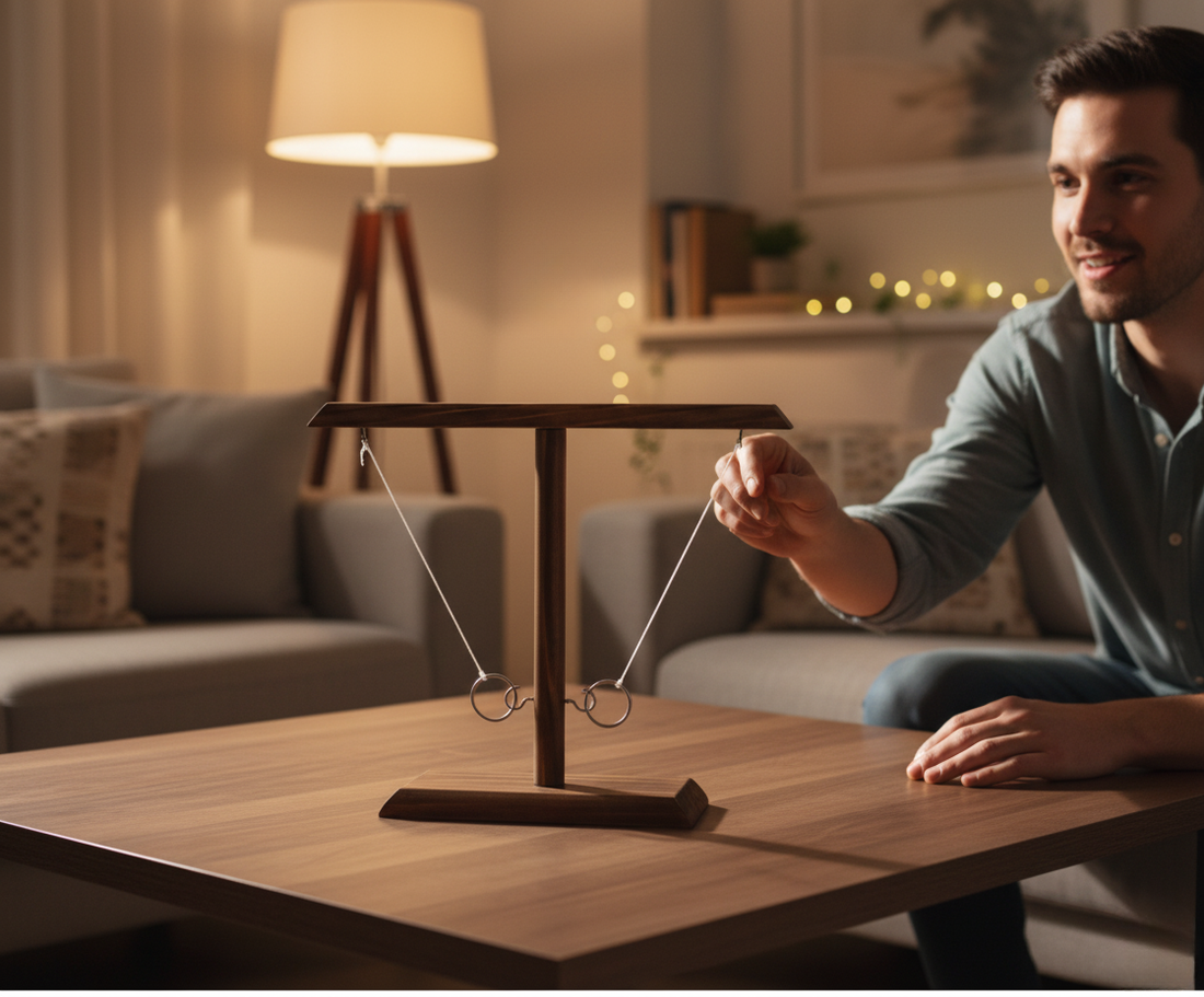 A smiling man sits on a couch in a cozy living room, playing a wooden hook and ring toss game on a coffee table.