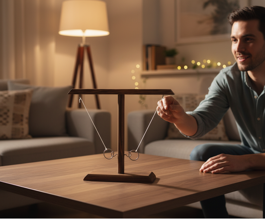 A smiling man sits on a couch in a cozy living room, playing a wooden hook and ring toss game on a coffee table.