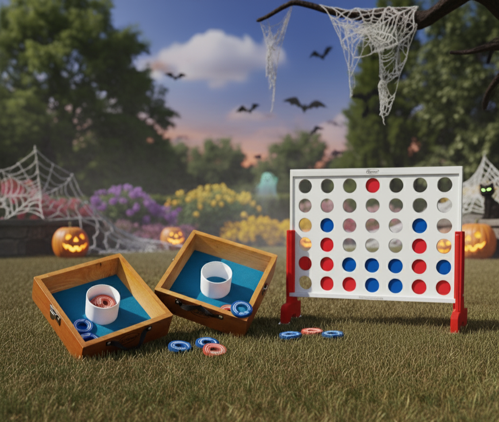 Outdoor Halloween-themed setup featuring BolaBall lawn games, including wooden ring toss boxes and a giant Connect Four game, surrounded by pumpkins, spider webs, and festive decorations.