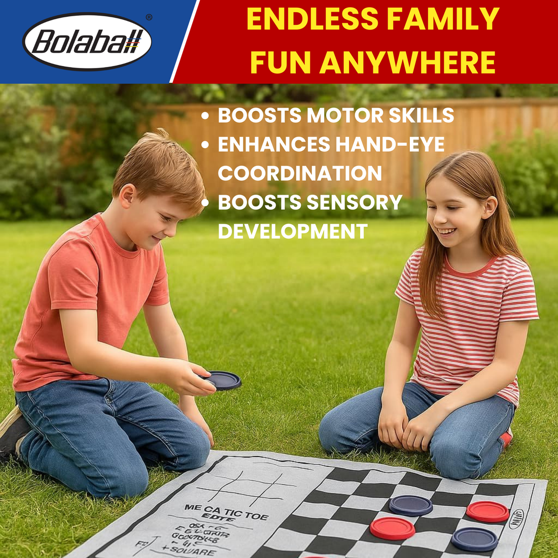 A boy and girl playing a large checkers game on a mat outdoors; text highlights motor skill and sensory benefits.
