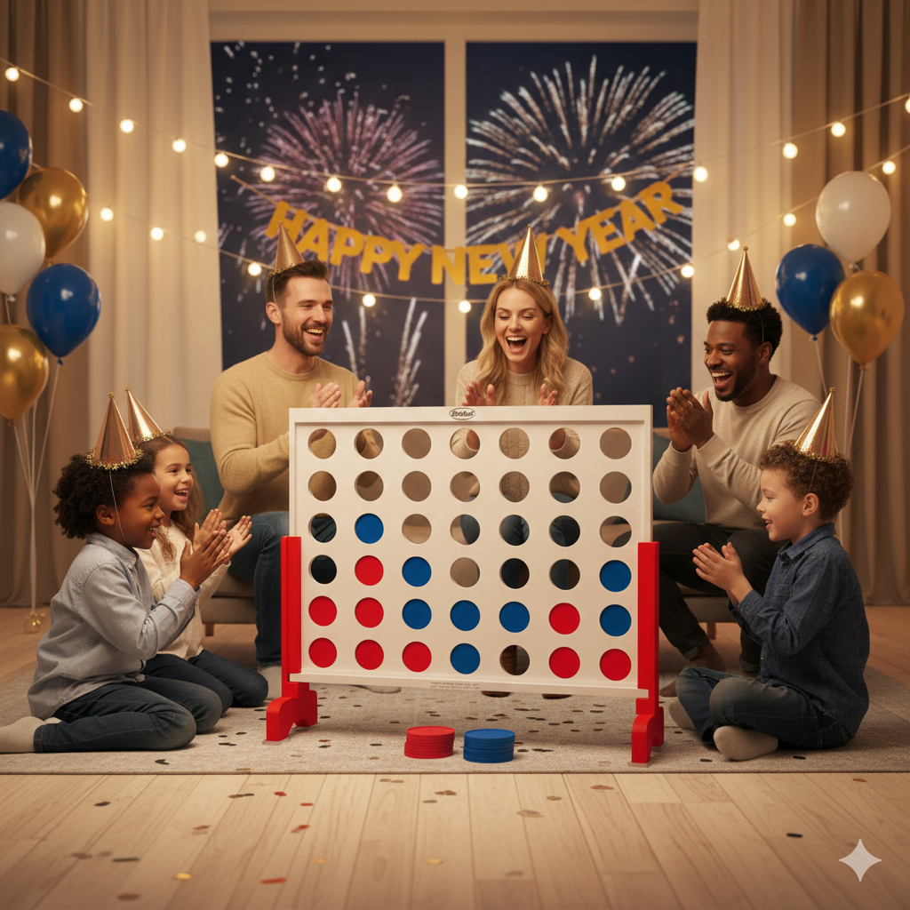Family and kids playing a giant Connect Four game at a New Year’s party with party hats, balloons, string lights and fireworks visible through the window.