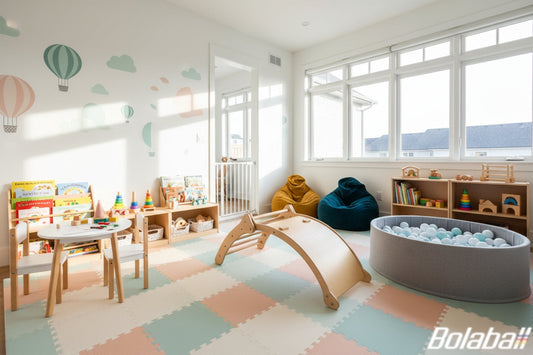 “Modern indoor playroom with colorful soft play mats, bean bags, wooden climbing arch, and ball pit by BolaBall — perfect setup for safe and fun kids’ indoor play activities.”