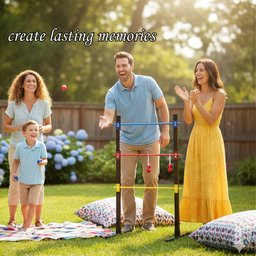 The image shows a happy family and friends playing the game of ladder toss outdoors on a sunny day, with the text "create lasting memories."