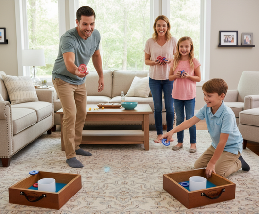 A family of four—father, mother, daughter, and son—playing a bean bag or washer toss game indoors in a bright, modern living room. The boy is kneeling to toss a blue ring while the father throws a red ring, and the mother and daughter watch and smile.