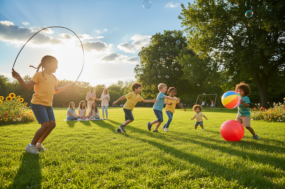 Kids playing outdoor games in a sunny park with a jump rope, beach balls, and bubbles, while adults watch in the background.