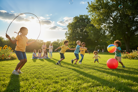 Kids playing outdoor games in a sunny park with a jump rope, beach balls, and bubbles, while adults watch in the background.