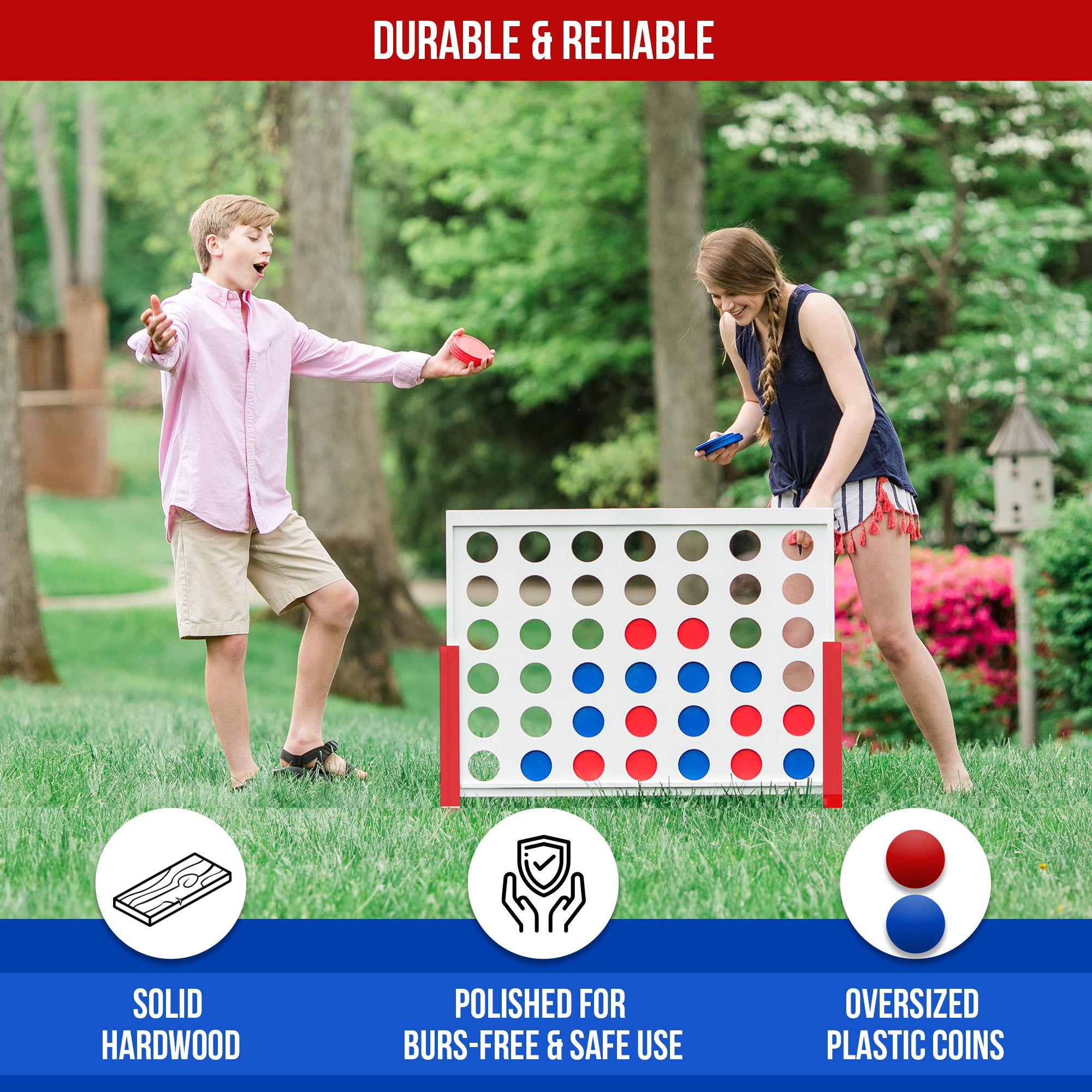 Giant wooden 4 in a row game with white rectangular frame, grid slots, and sturdy support legs for lawn and indoor play