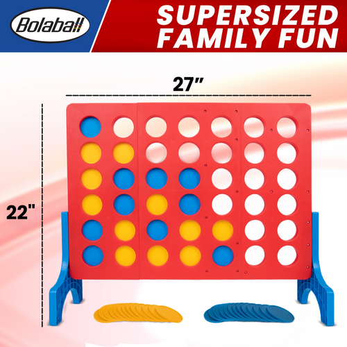 Life-size red plastic 4 in a Row game board with circular grid slots and wide support legs for outdoor play