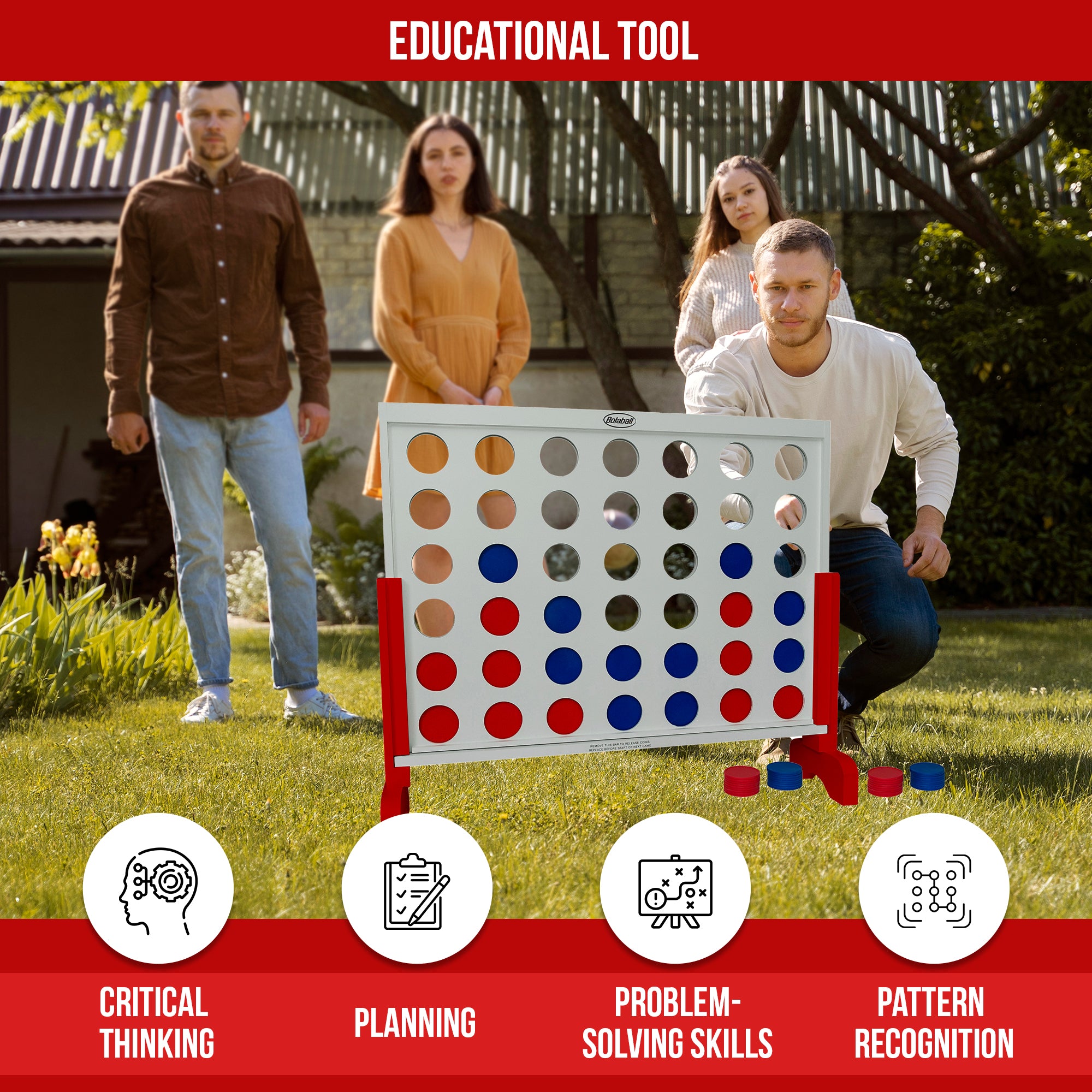 Kids and adults playing giant 4 in a row wooden game outdoors, family-friendly lawn game with white wooden frame