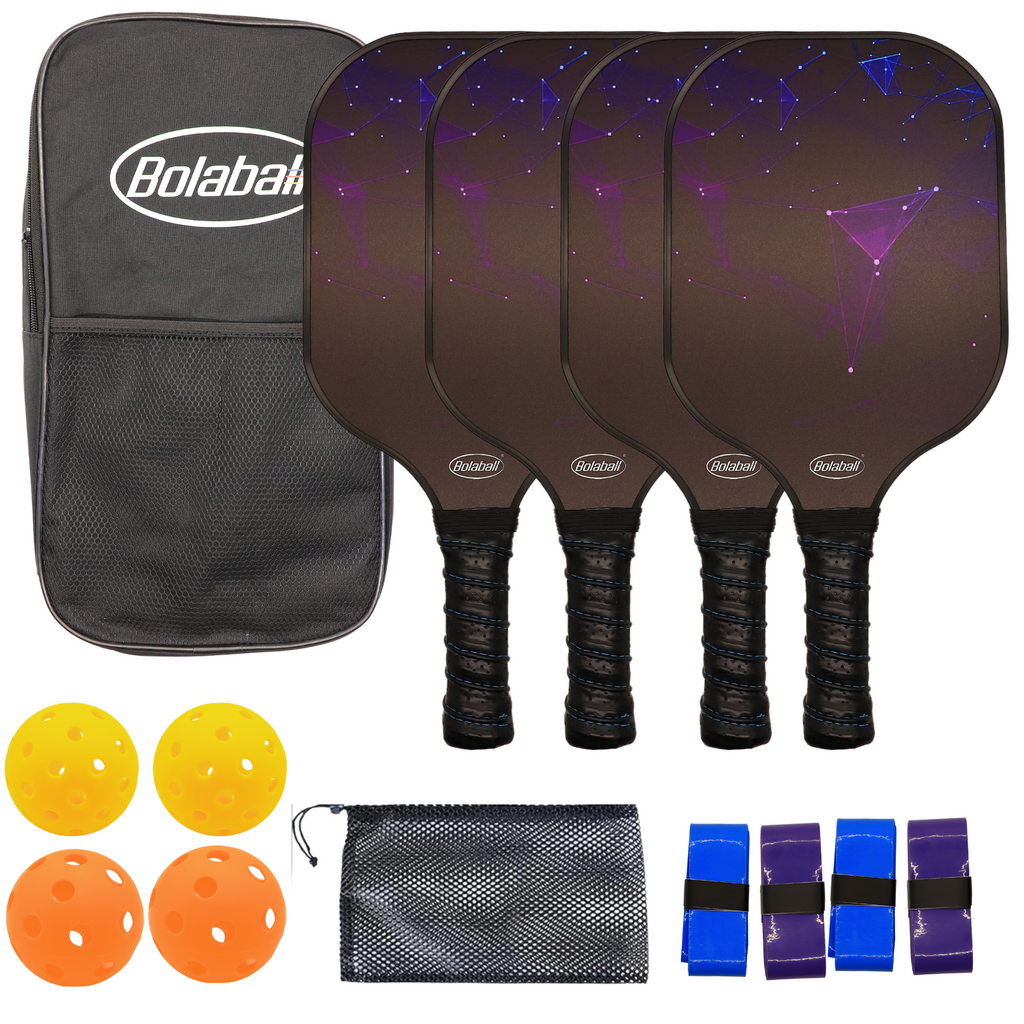Bolaball Pickleball Paddles Set of 4 - Carbon Fiber, Black with 4 Balls, Grip Tapes, Mesh & Carry Bag, Model 317601