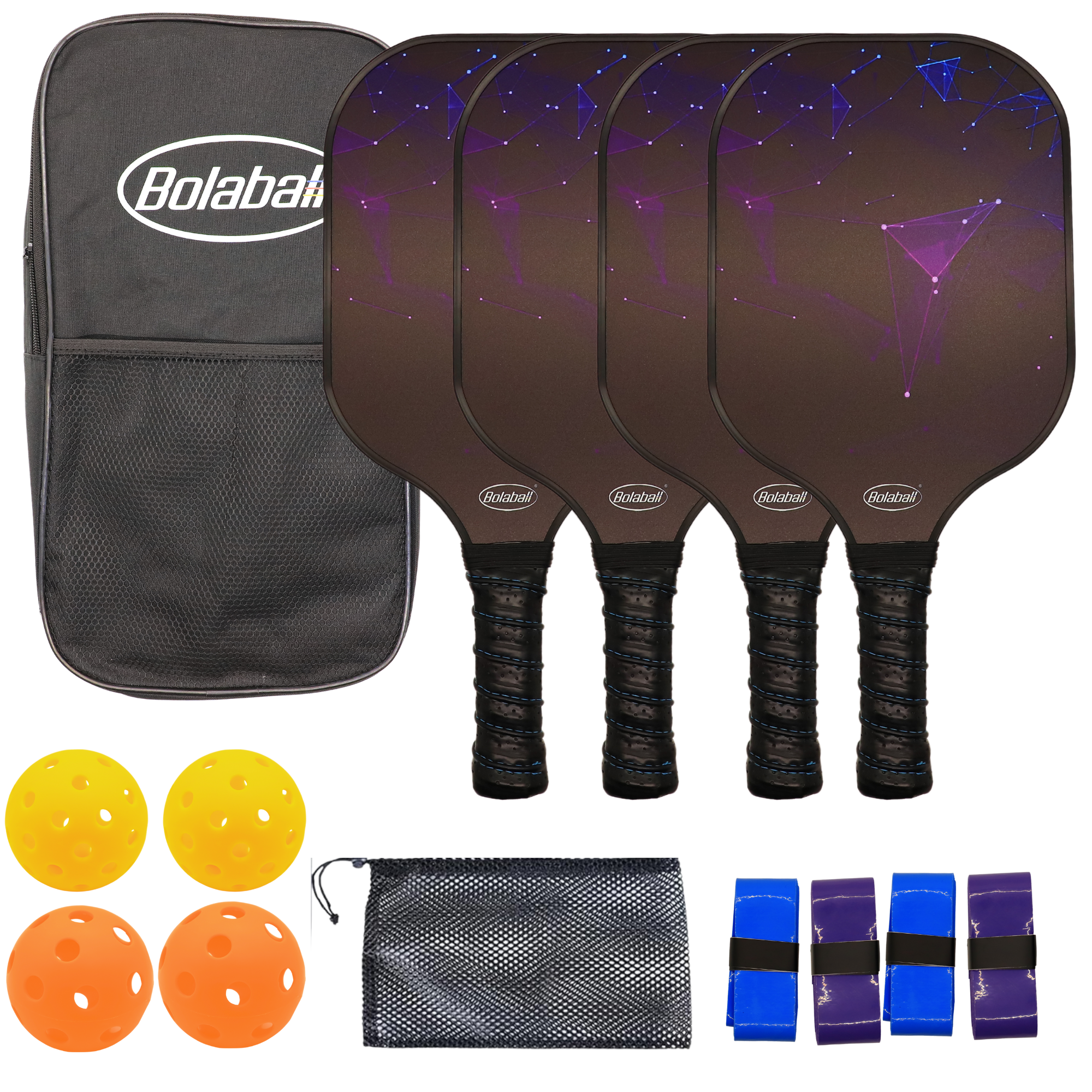 Bolaball Pickleball Paddles Set of 4 - Carbon Fiber, Black with 4 Balls, Grip Tapes, Mesh & Carry Bag, Model 317601