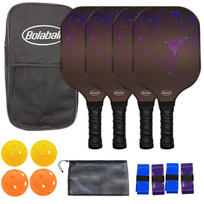 Bolaball Pickleball Paddles 4 Pcs Set with 4 Balls, 4 Grip Tapes, Carry Bag, Mesh Bag, Lightweight Fiberglass Racket with PP Honeycomb Core, Non-Slip Grip for Men Women