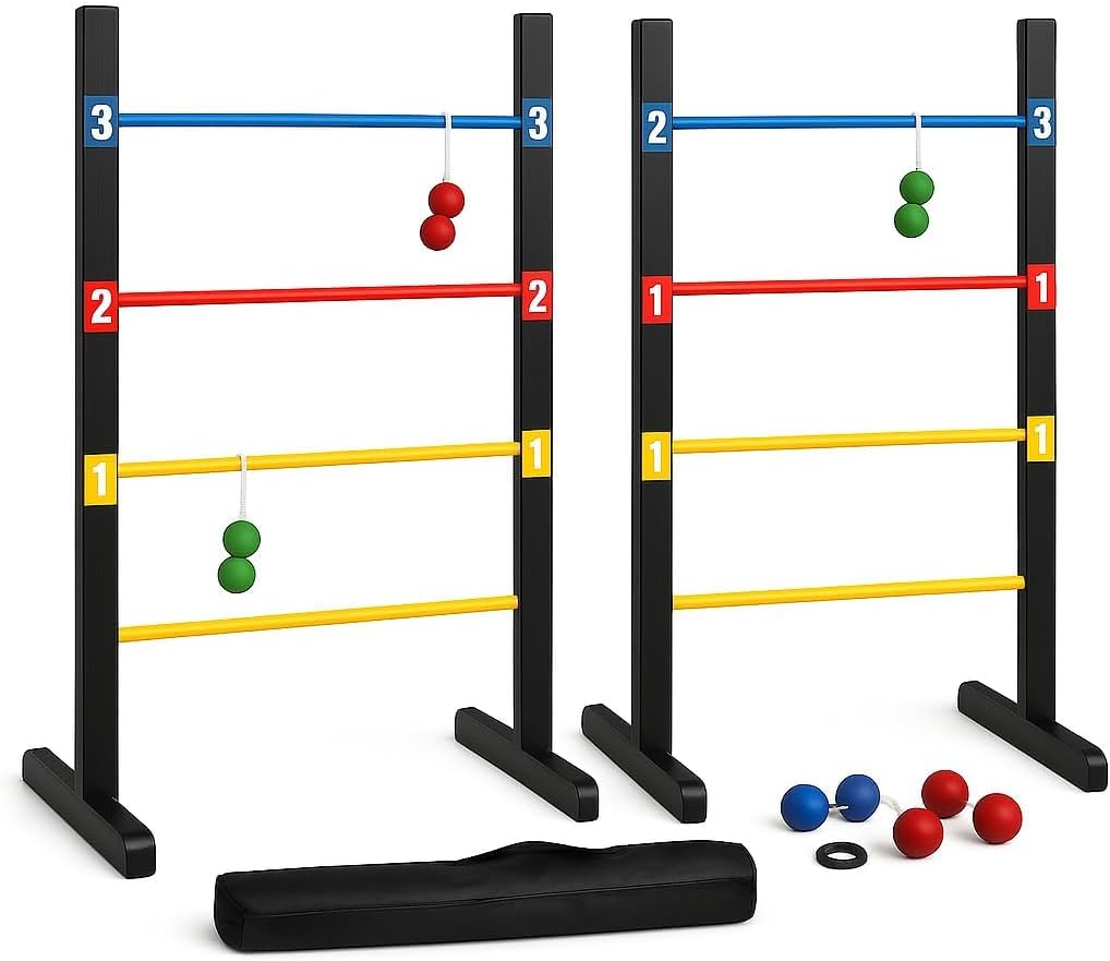 Pro Ladder Toss Indoor Outdoor Game Set for Yard & Lawn Games with 6 Soft Rubber Bolo Balls Heavy Duty Bars Stands & Travel Carrying Case | Game for Family Kids Beach Party Picnic & Adults