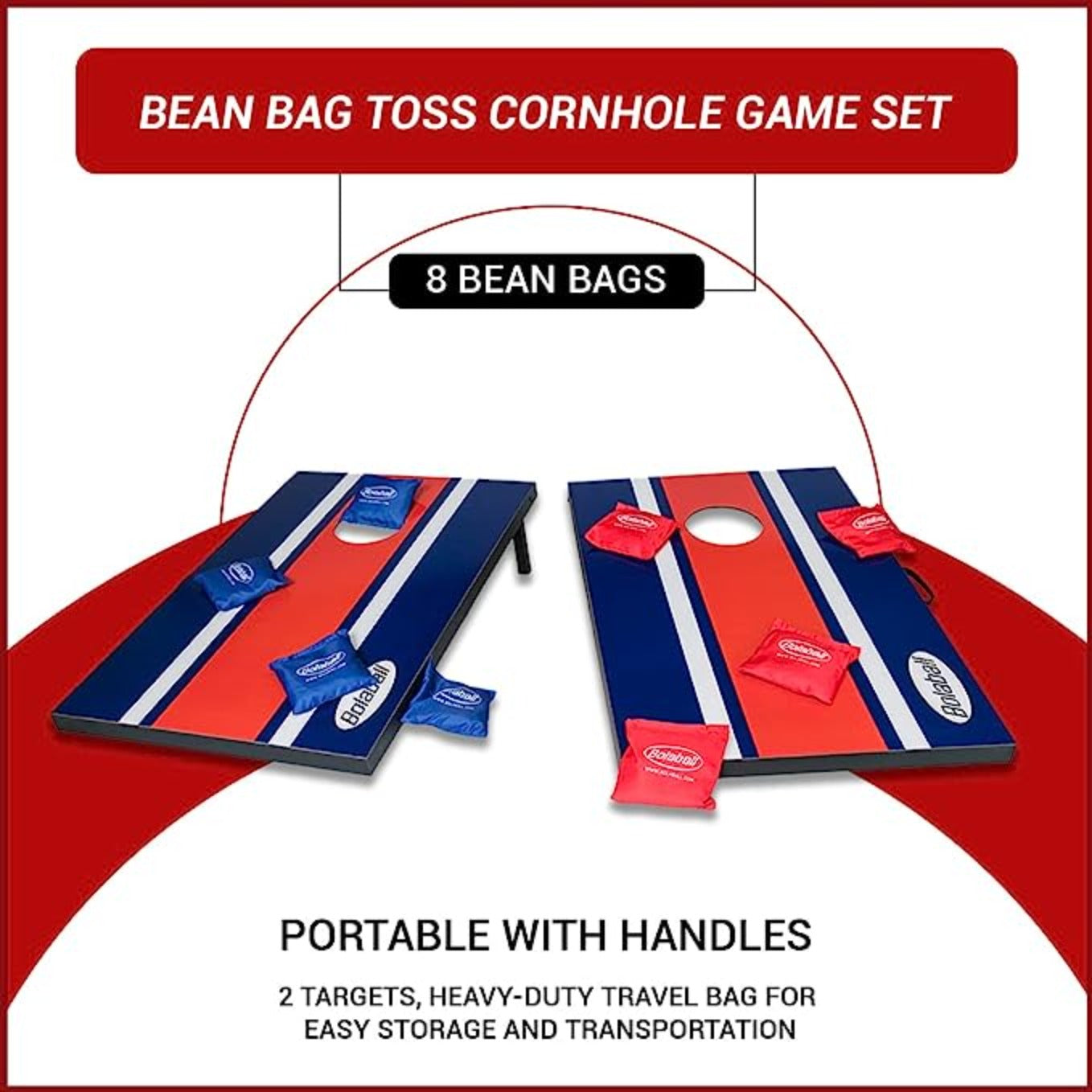Bolaball Cornhole Board Set - Portable 2x3 ft Wooden Game with 8 Toss Bags, Red & Blue, Model 317549