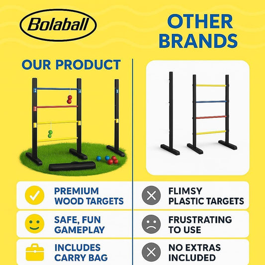 Bolaball Pro Ladder Toss Game Set - Indoor/Outdoor, Medium Size, Steel, Black, Model 212106, Includes 6 Soft Rubber Bolo Balls & Carry Case