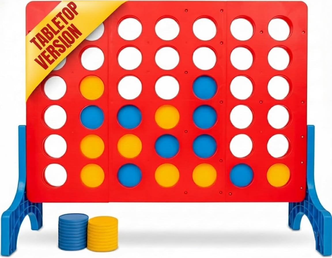 Bolaball 4 in a Row outdoor game with red plastic frame and oversized discs, 1.8 ft life-size lawn game for kids and families