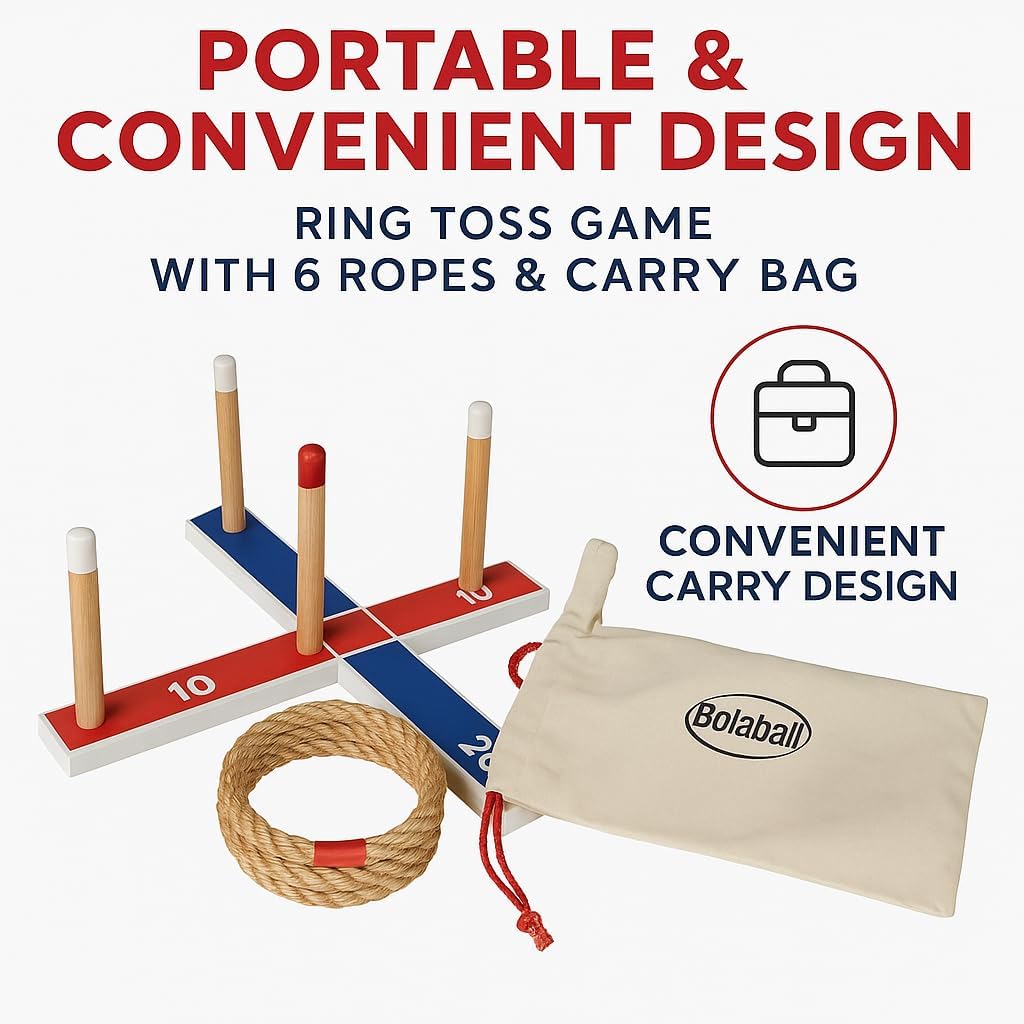 Bolaball Ring Toss Game - Outdoor Lawn Game for Kids & Adults, Wood/Plastic, Red & Blue, Model 317573, 6 Ropes