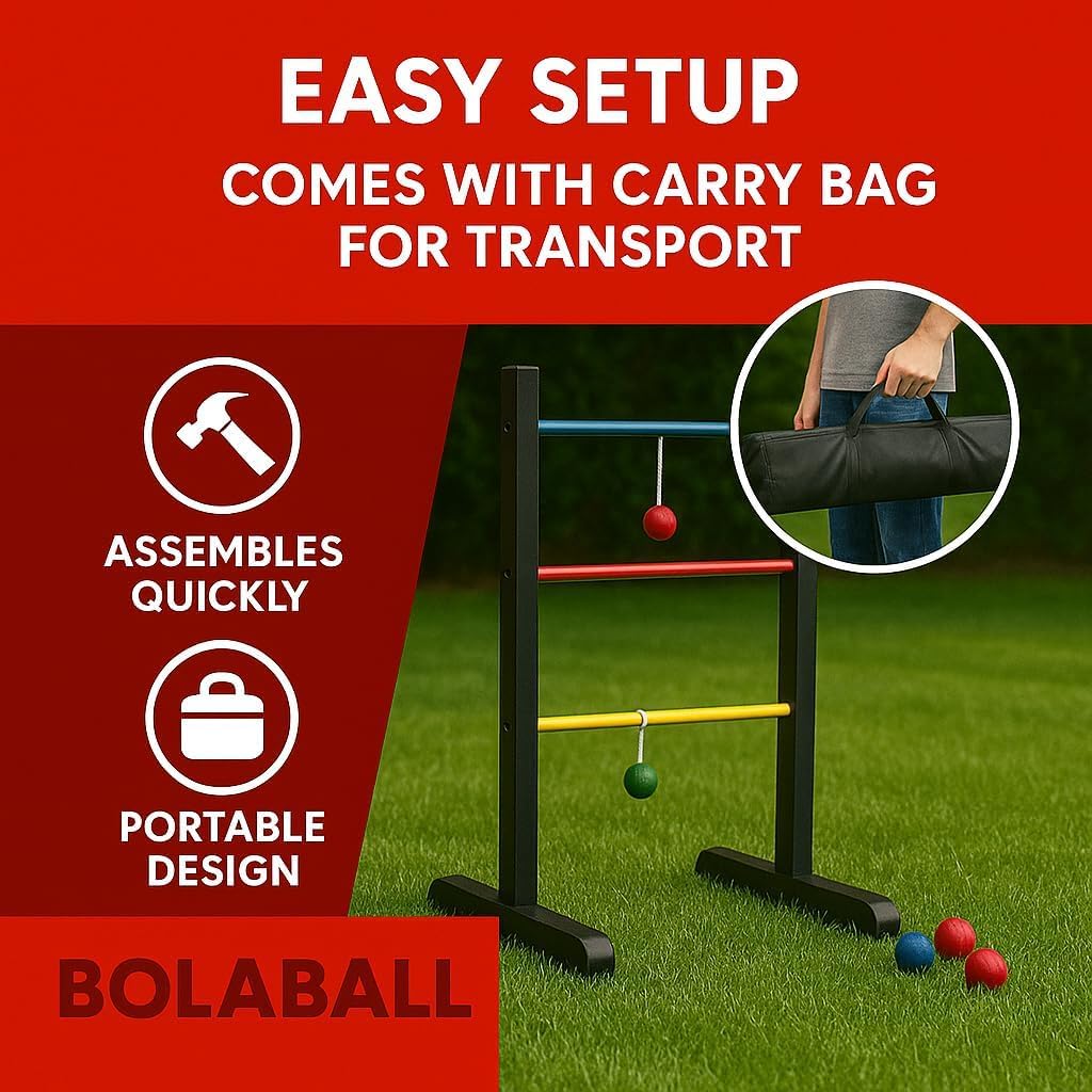 Pro Ladder Toss Indoor Outdoor Game Set for Yard & Lawn Games with 6 Soft Rubber Bolo Balls Heavy Duty Bars Stands & Travel Carrying Case | Game for Family Kids Beach Party Picnic & Adults