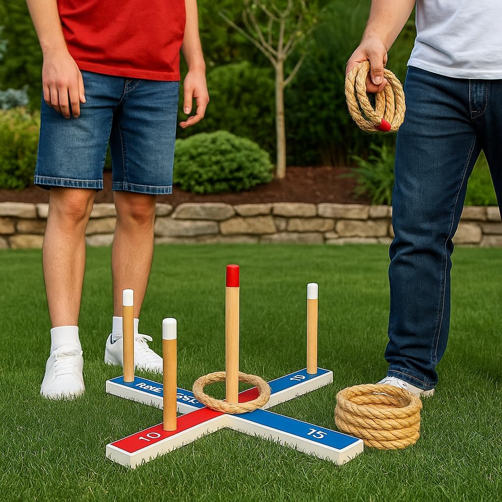 Bolaball Ring Toss Game - Outdoor Lawn Game for Kids & Adults, Wood/Plastic, Red & Blue, Model 317573, 6 Ropes