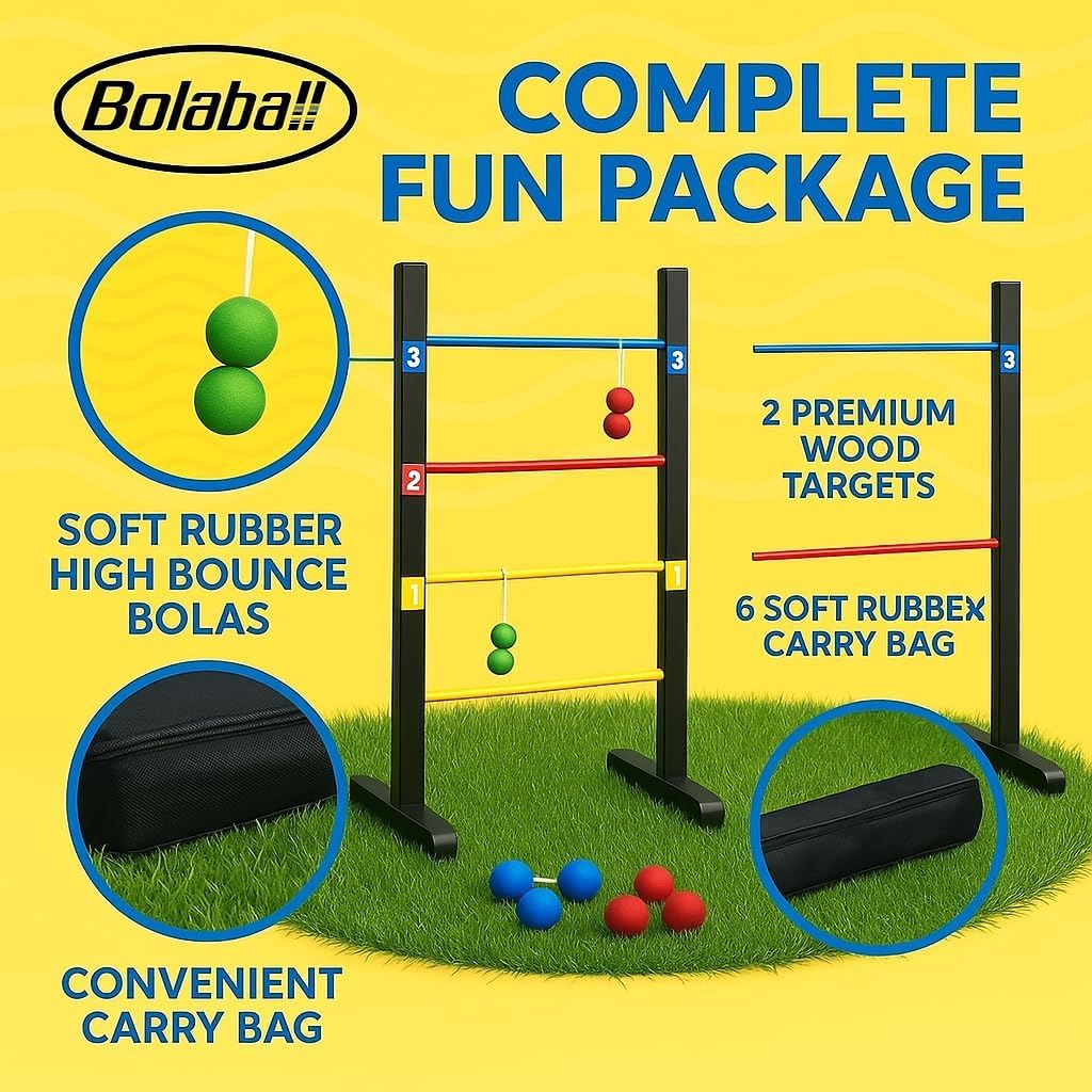 Pro Ladder Toss Indoor Outdoor Game Set for Yard & Lawn Games with 6 Soft Rubber Bolo Balls Heavy Duty Bars Stands & Travel Carrying Case | Game for Family Kids Beach Party Picnic & Adults