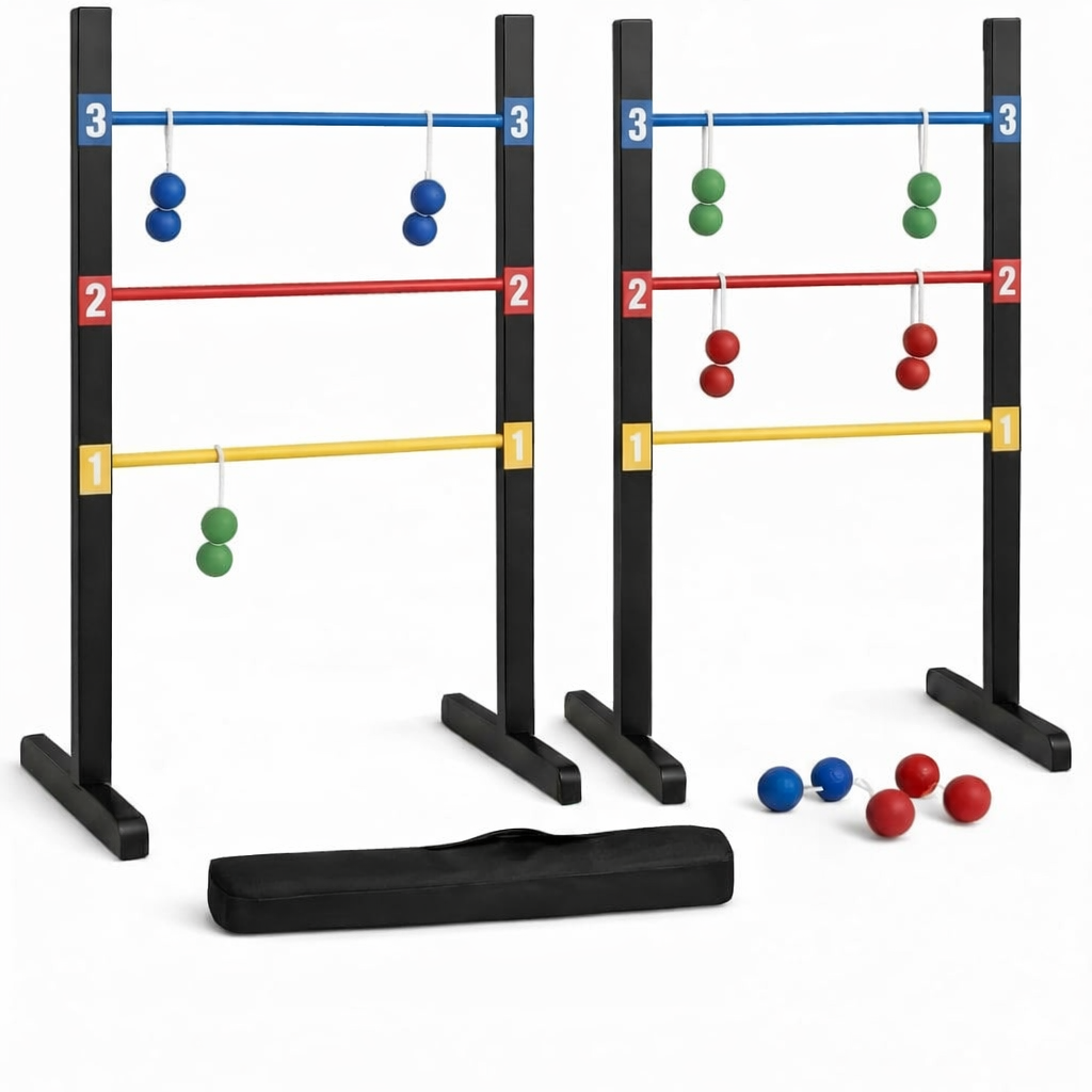 Bolaball Pro Ladder Toss Game Set - Indoor/Outdoor, Medium Size, Steel, Black, Model 212106, Includes 6 Soft Rubber Bolo Balls & Carry Case