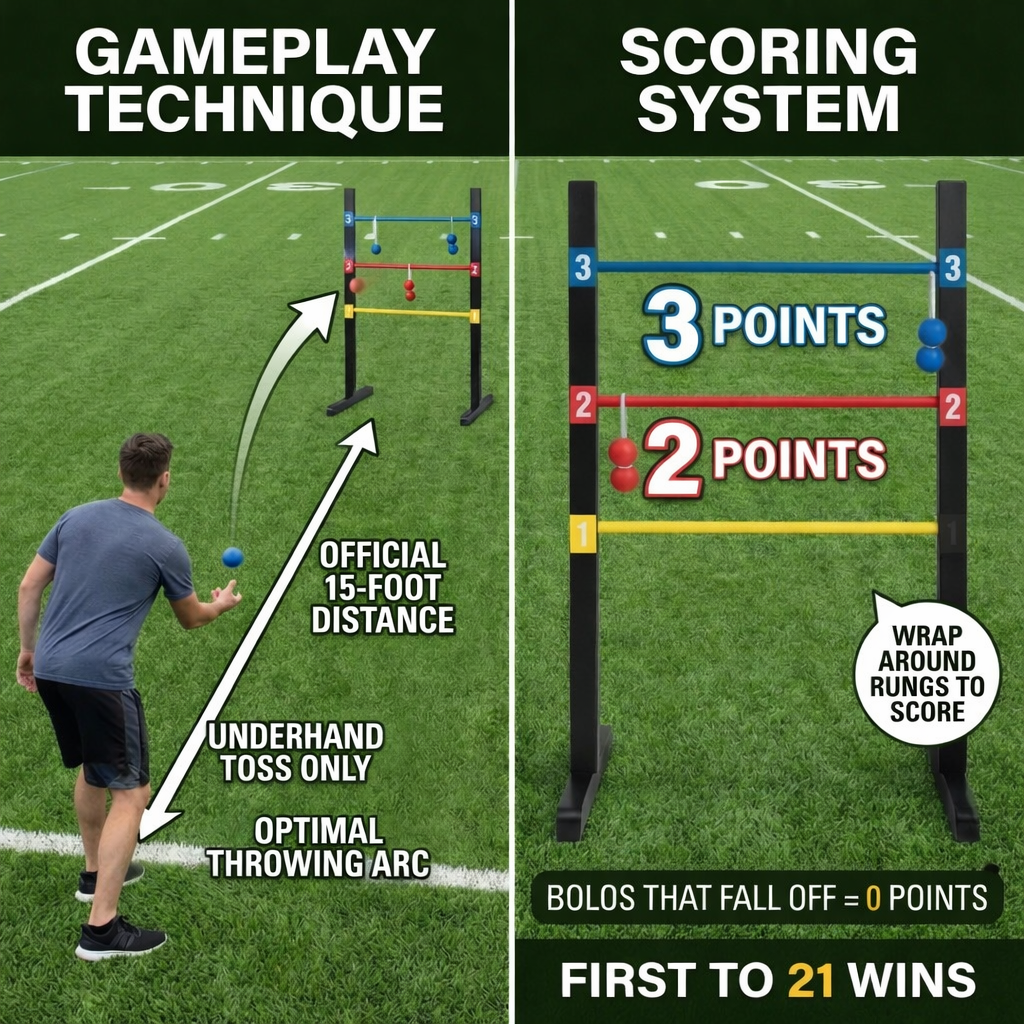 Bolaball Pro Ladder Toss Game Set - Indoor/Outdoor, Medium Size, Steel, Black, Model 212106, Includes 6 Soft Rubber Bolo Balls & Carry Case