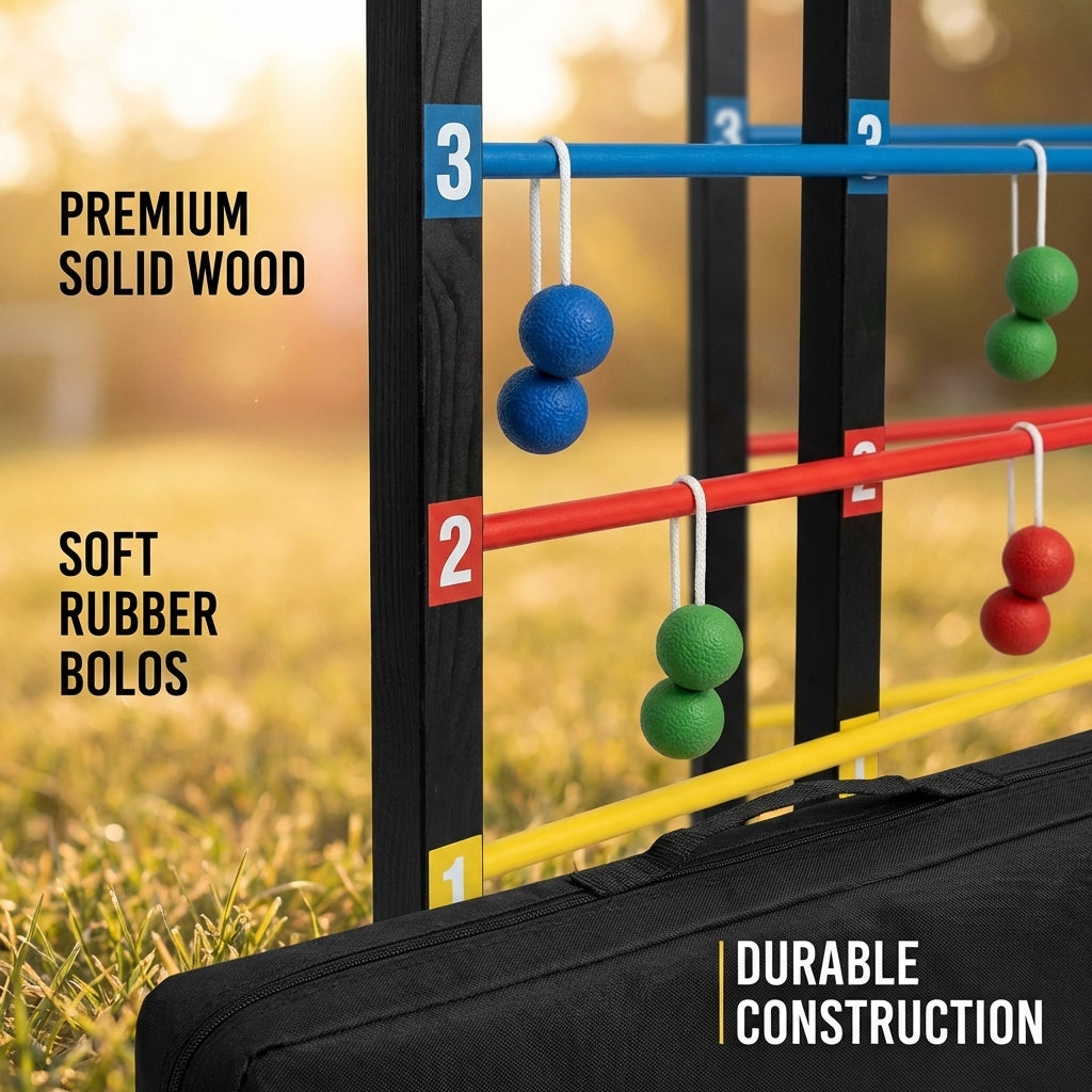 Bolaball Pro Ladder Toss Game Set - Indoor/Outdoor, Medium Size, Steel, Black, Model 212106, Includes 6 Soft Rubber Bolo Balls & Carry Case