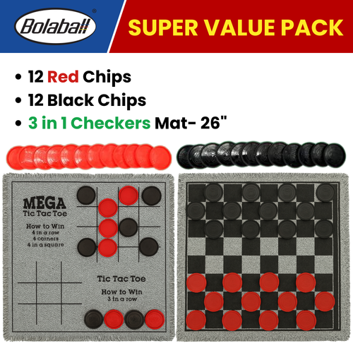 Giant checkers board printed on reversible carpet mat, large square pattern for indoor and outdoor floor play