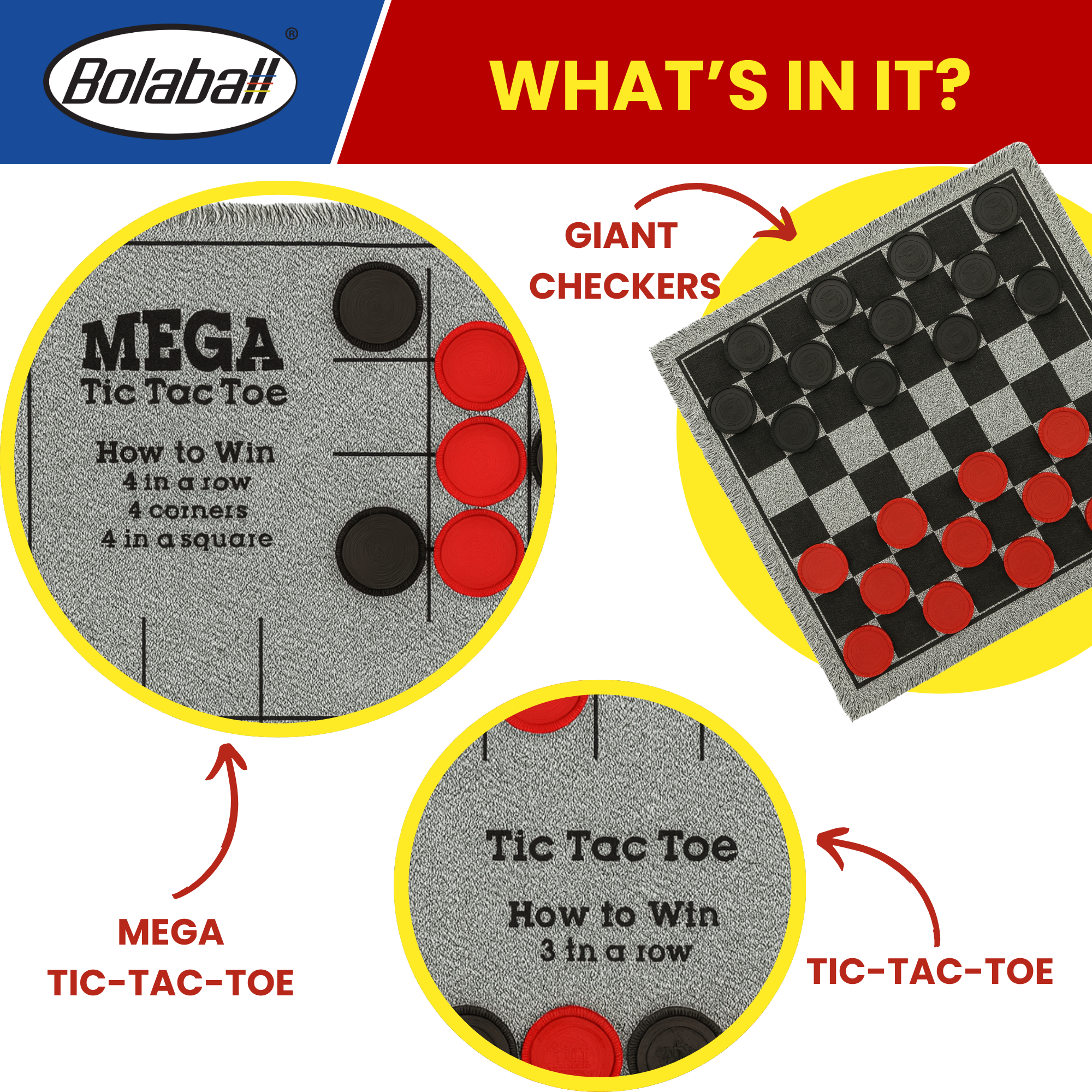 Large round multi color game pieces used for giant checkers and tic tac toe carpet game