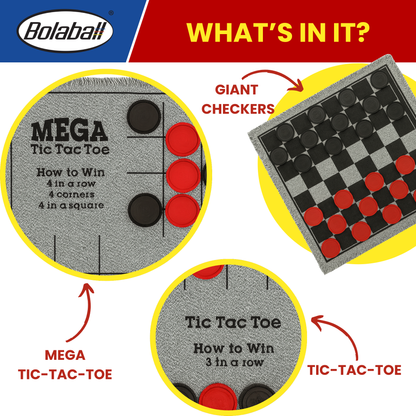3-in-1 Giant Tic Tac Toe, Checkers Rug & Board Games for Indoor Outdoor Fun