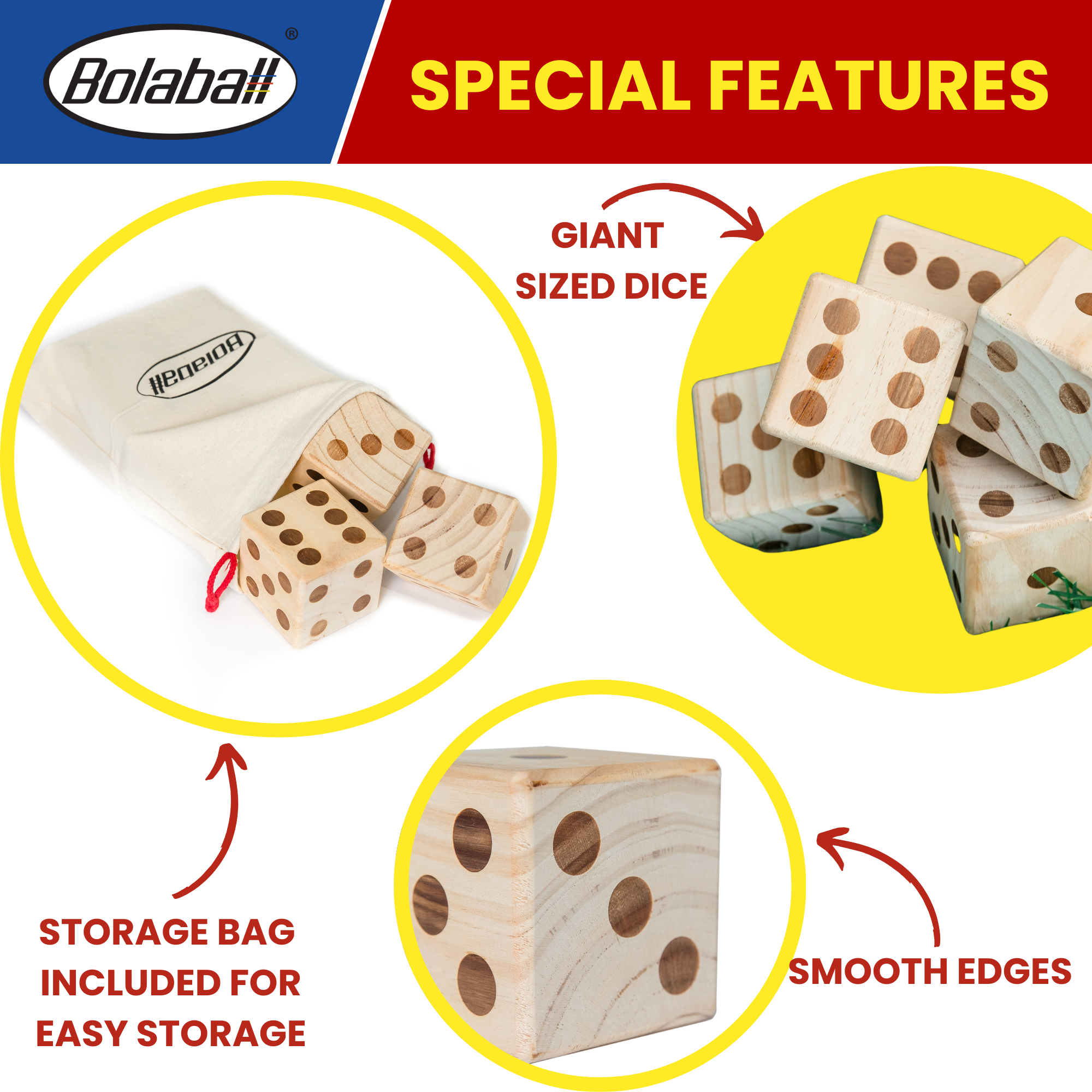 Wooden yard dice set with fabric carry bag for easy storage and transport to outdoor parties and gatherings