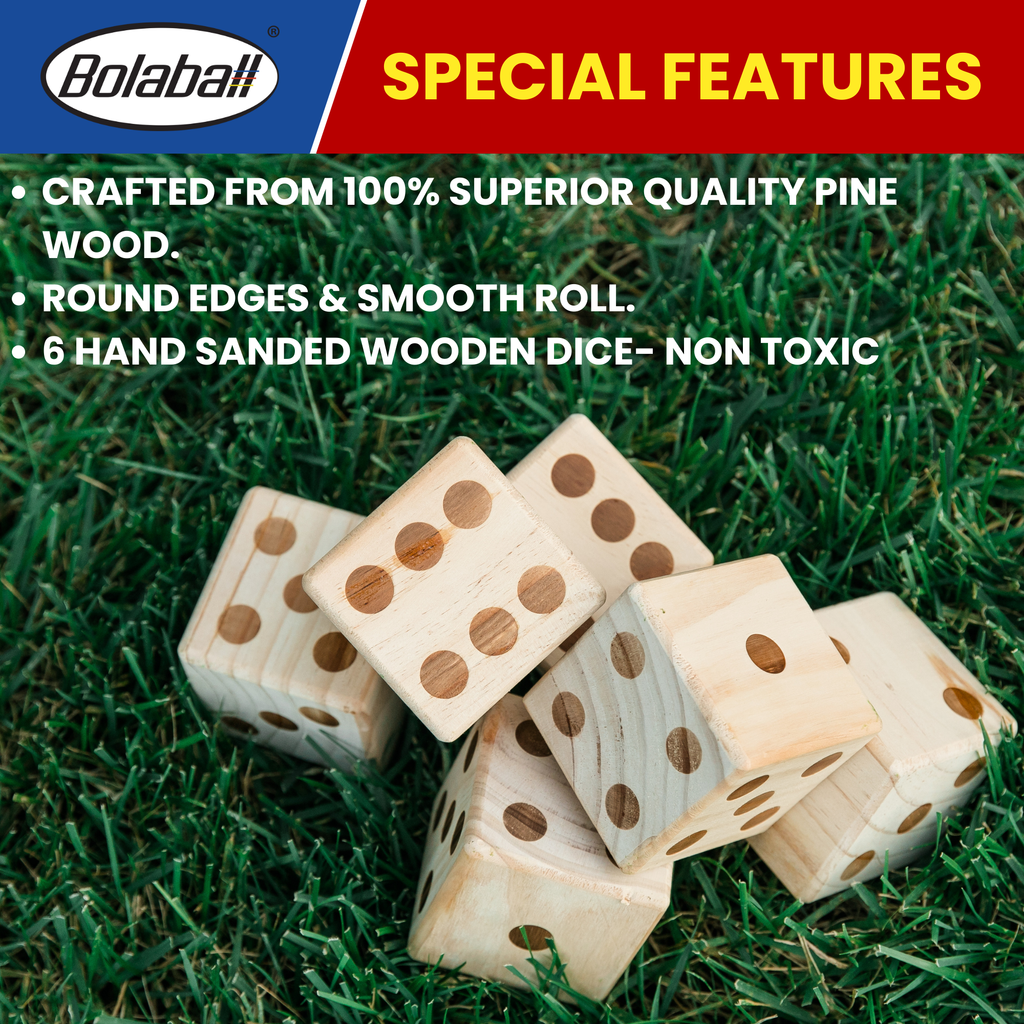 Set of oversized wooden yard dice arranged together, solid wood medium brown dice for outdoor family games