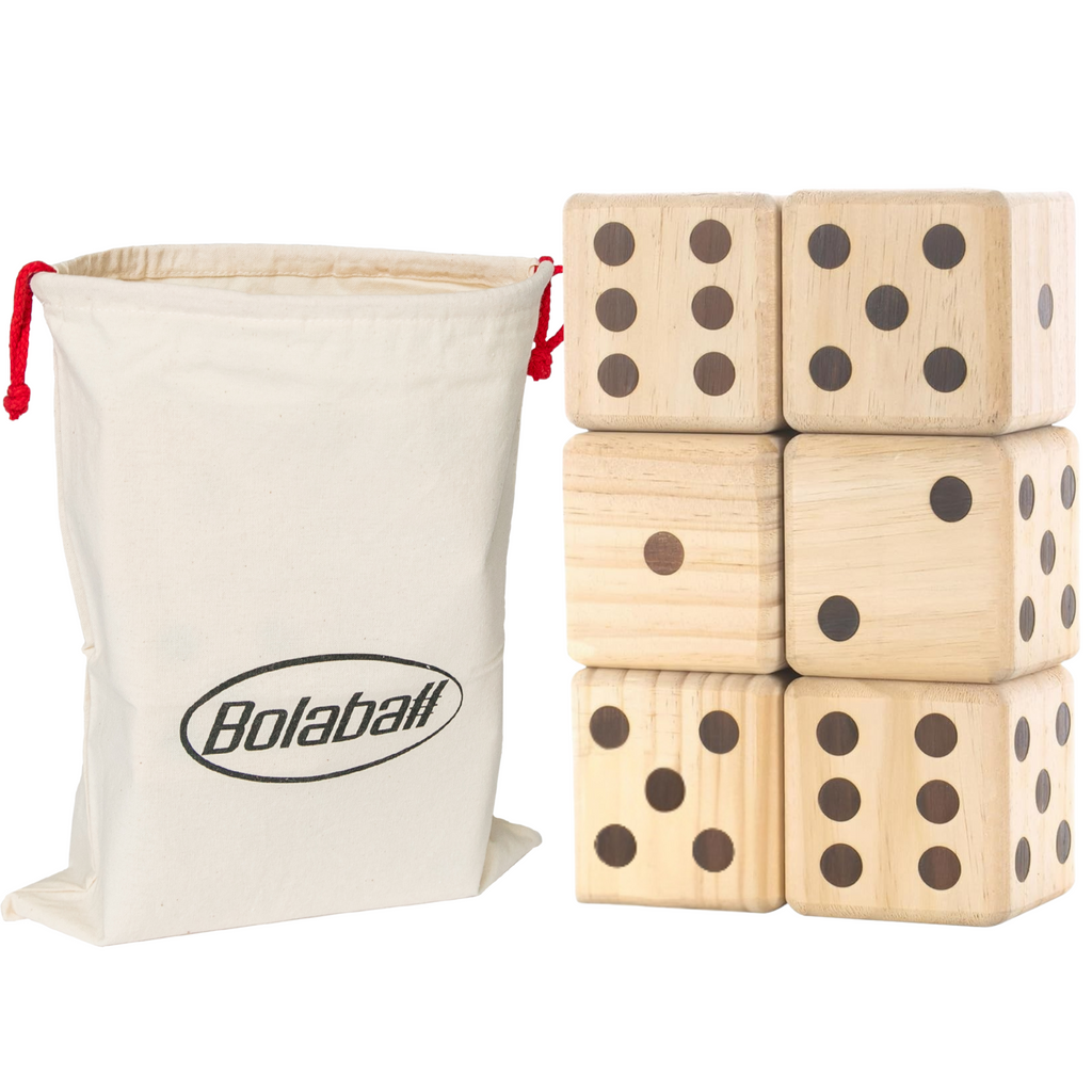 Bolaball giant wooden yard dice set with 3.5 inch medium brown dice and carry bag, outdoor lawn game for BBQ and parties