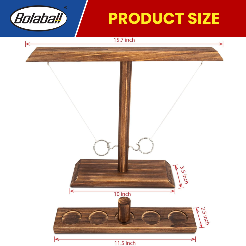 Metal hook attached to beige wooden board for hook and ring toss game, durable wall-mounted design