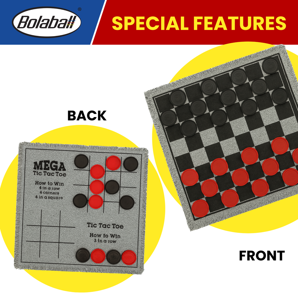 Reversible carpet mat showing giant tic tac toe grid, oversized floor game for kids and families