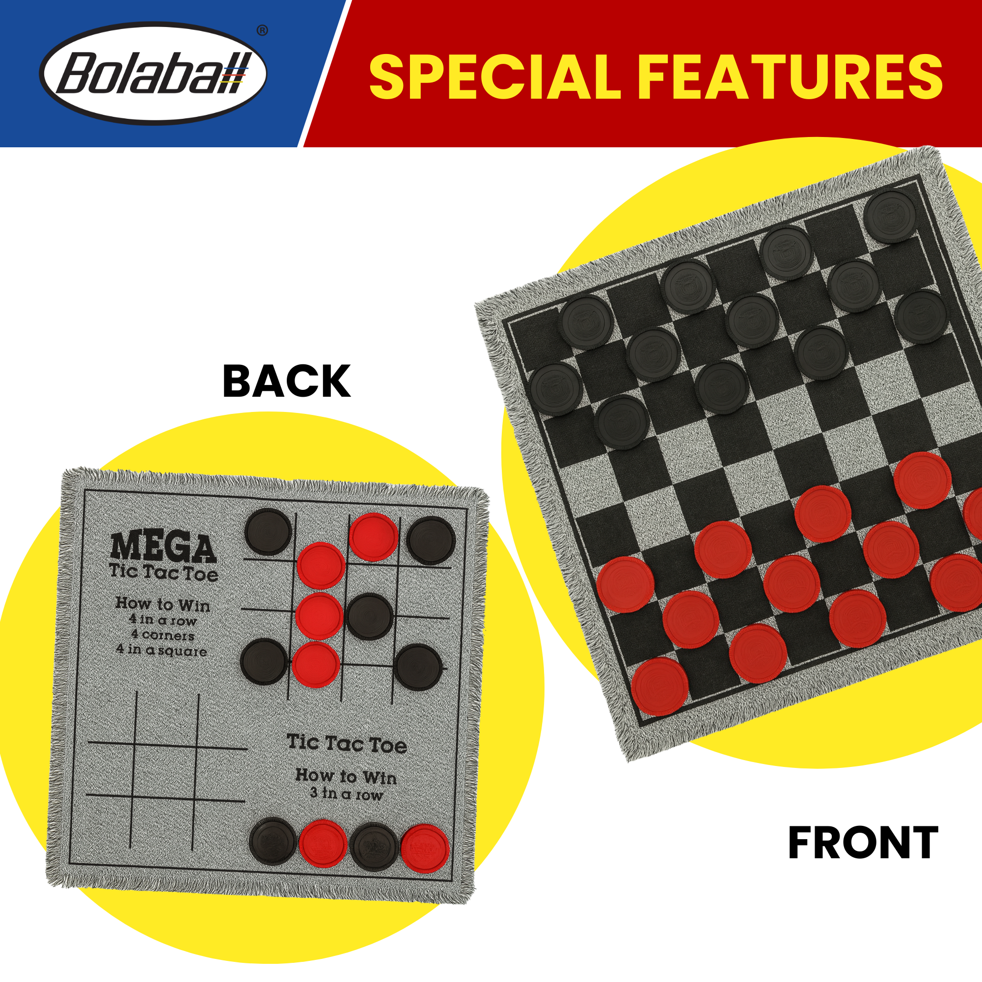 Reversible carpet mat showing giant tic tac toe grid, oversized floor game for kids and families