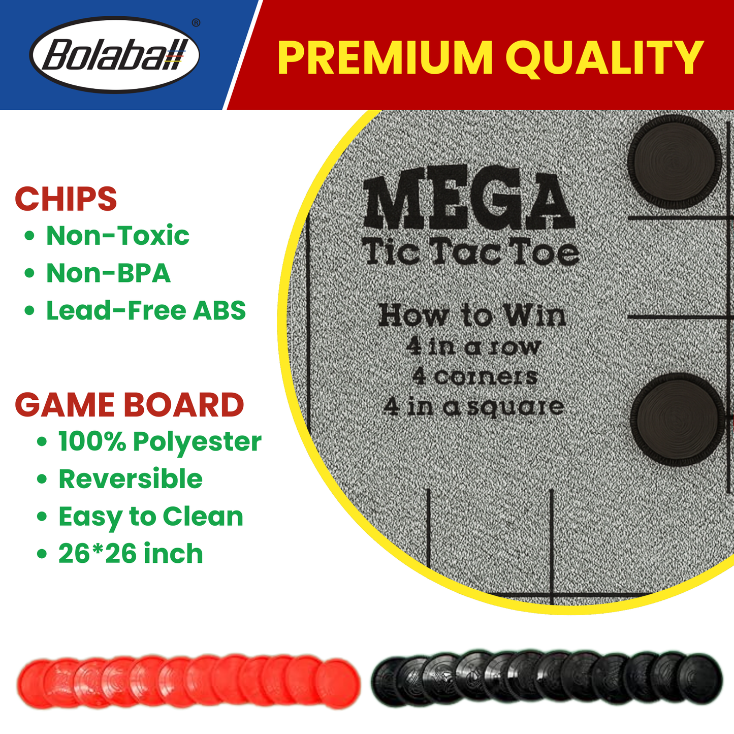 3-in-1 Giant Tic Tac Toe, Checkers Rug & Board Games for Indoor Outdoor Fun
