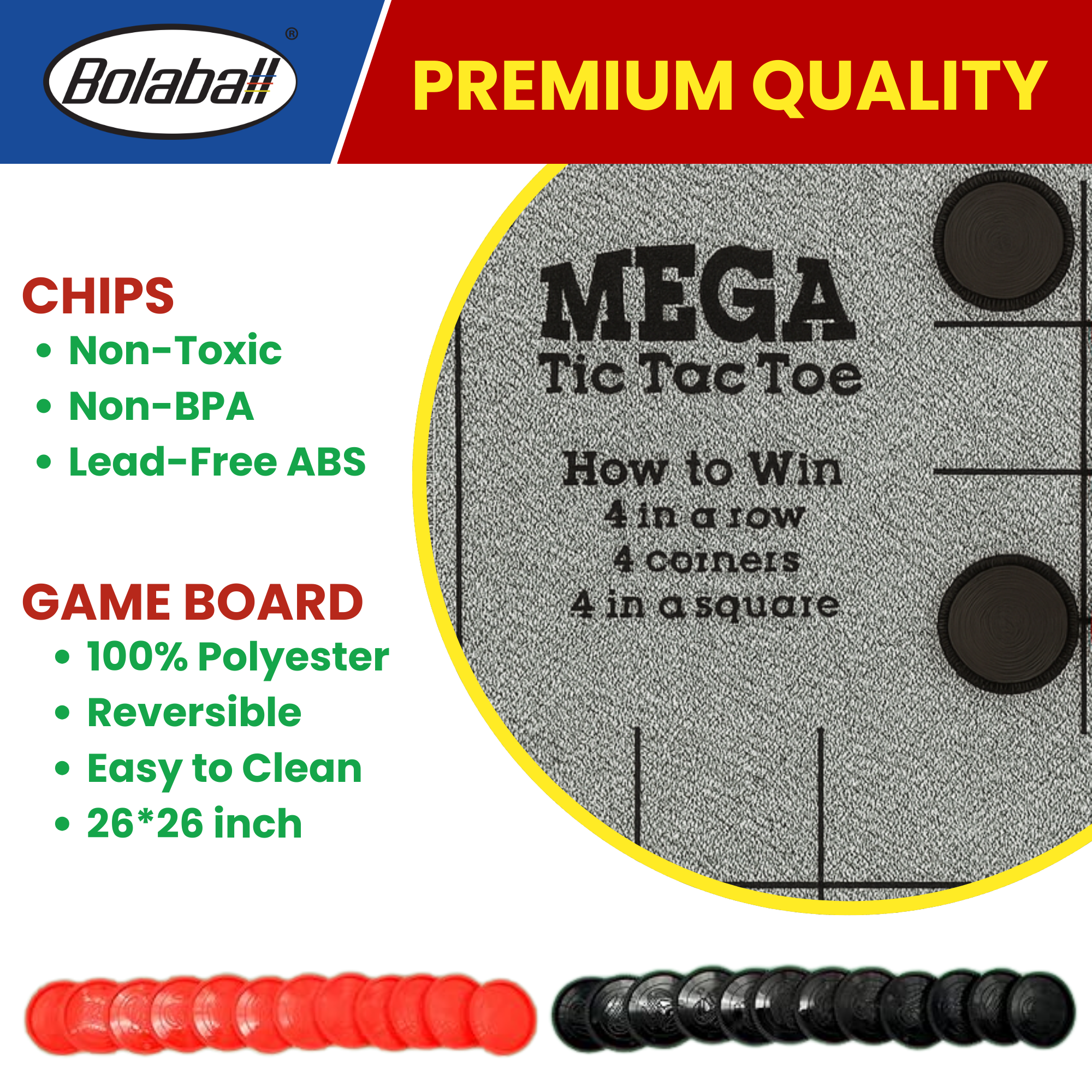 Bolaball 3-in-1 Giant Checkers & Tic Tac Toe Game, Reversible 26"x26" Carpet, Multi-Color, Indoor/Outdoor, Model 317587-1