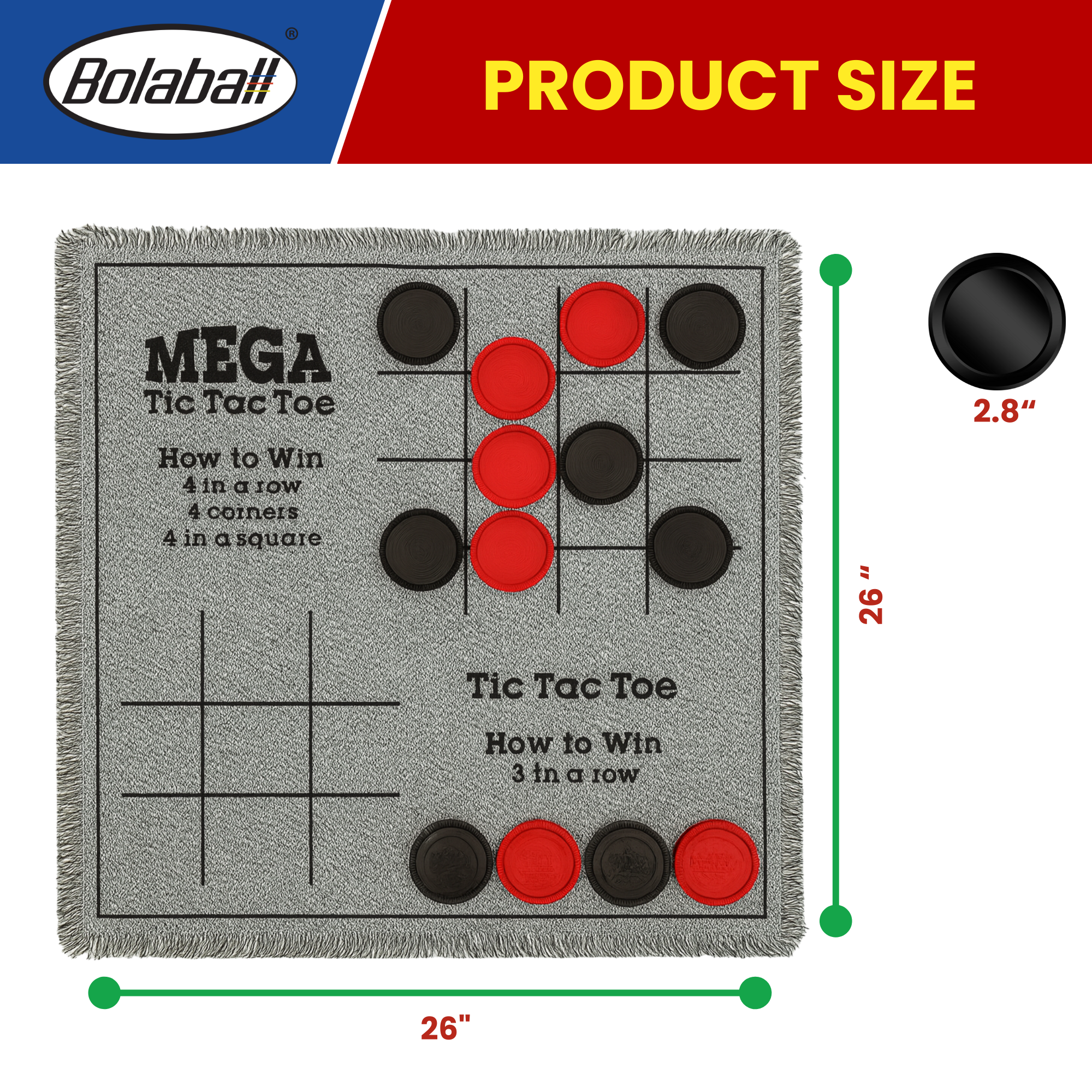 Bolaball 3-in-1 Giant Checkers & Tic Tac Toe Game, Reversible 26"x26" Carpet, Multi-Color, Indoor/Outdoor, Model 317587-1