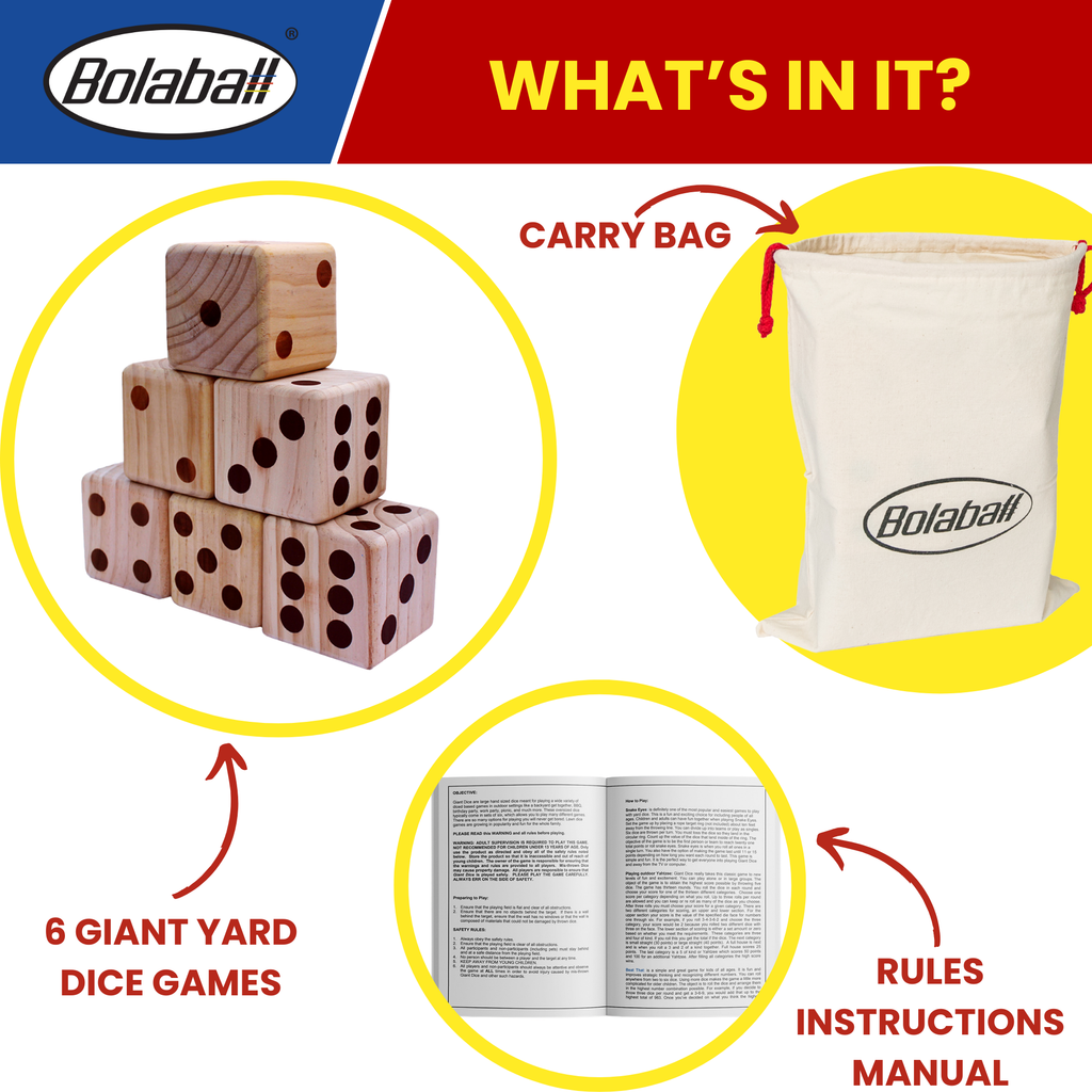 Close-up of 3.5 inch medium brown wooden yard dice with engraved black number dots, oversized outdoor game dice