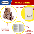 Close-up of 3.5 inch medium brown wooden yard dice with engraved black number dots, oversized outdoor game dice