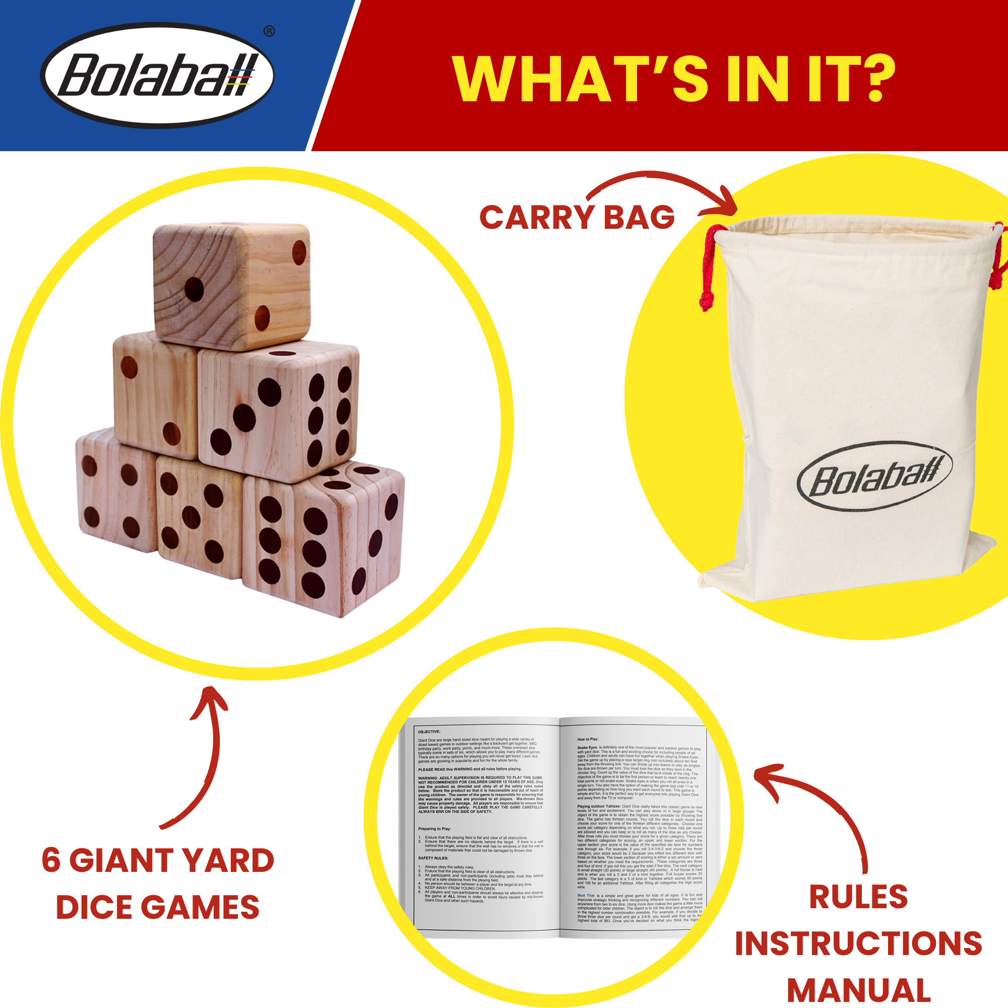 Close-up of 3.5 inch medium brown wooden yard dice with engraved black number dots, oversized outdoor game dice