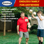 Player rolling giant wooden yard dice on lawn, fun outdoor game for family and group play