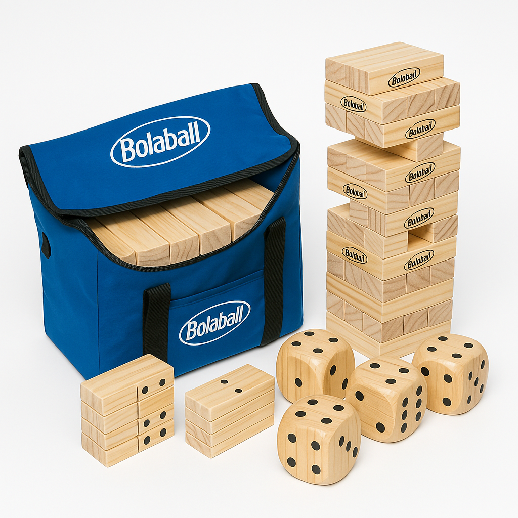Bolaball Giant Outdoor Game Set - 45 Tumbling Blocks, 28 Dominoes, 6 Dice, Wood, X-Large, Family Fun