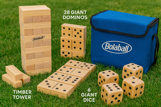Bolaball 3 in 1 Game Set, 45 Pieces Large Tumbling Blocks, 28 Giant Dominoes and 6 Giant Dice, Indoor Outdoor Game Combo Set for Family and Friends with Carry Bag