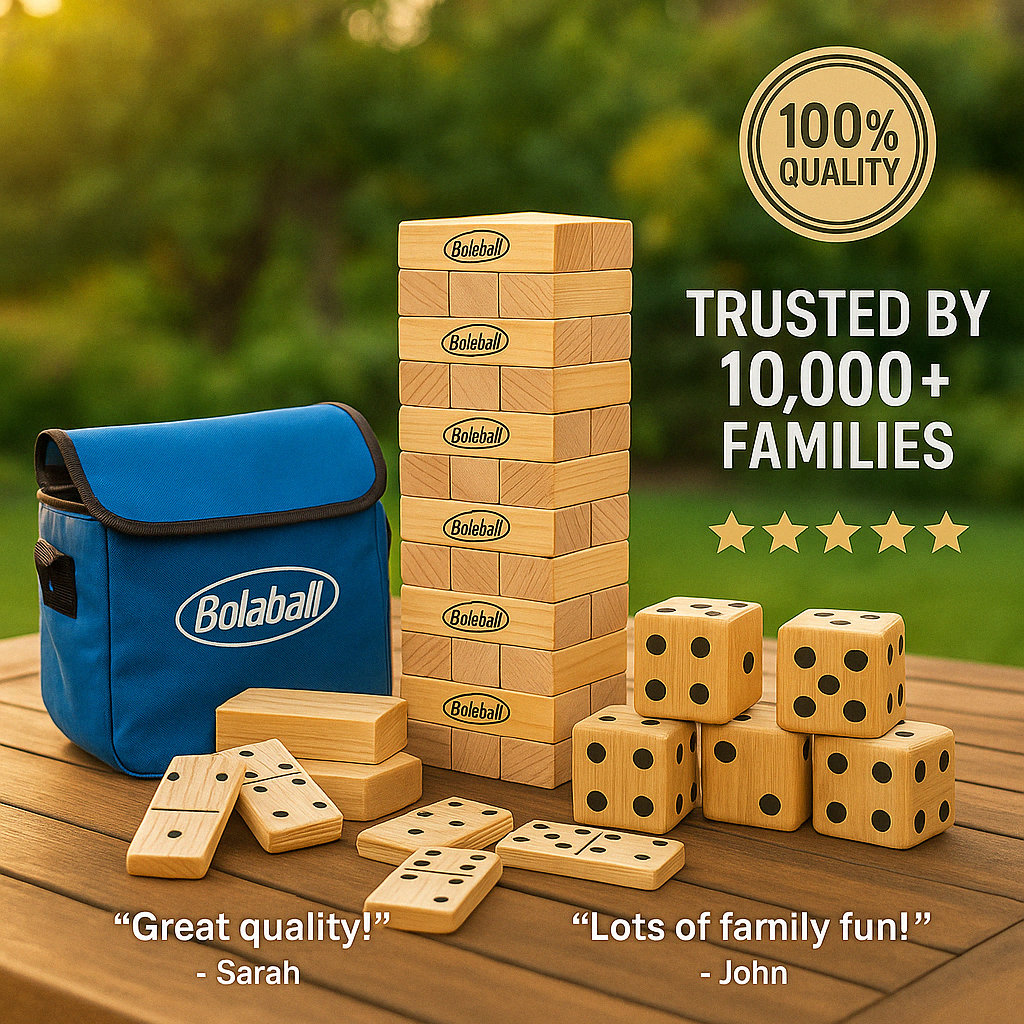 Complete Triple Thrills Extravaganza game bundle showing giant dice, wooden dominoes, and tumbling blocks displayed separately on a flat surface