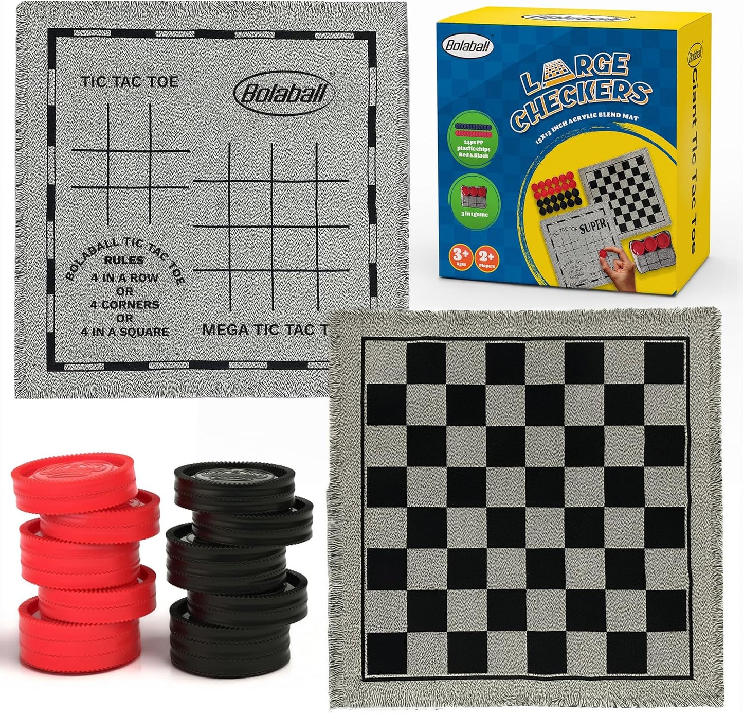 Bolaball 3-in-1 Giant Checkers & Tic Tac Toe Game, Reversible 26"x26" Carpet, Multi-Color, Indoor/Outdoor, Model 317587-1