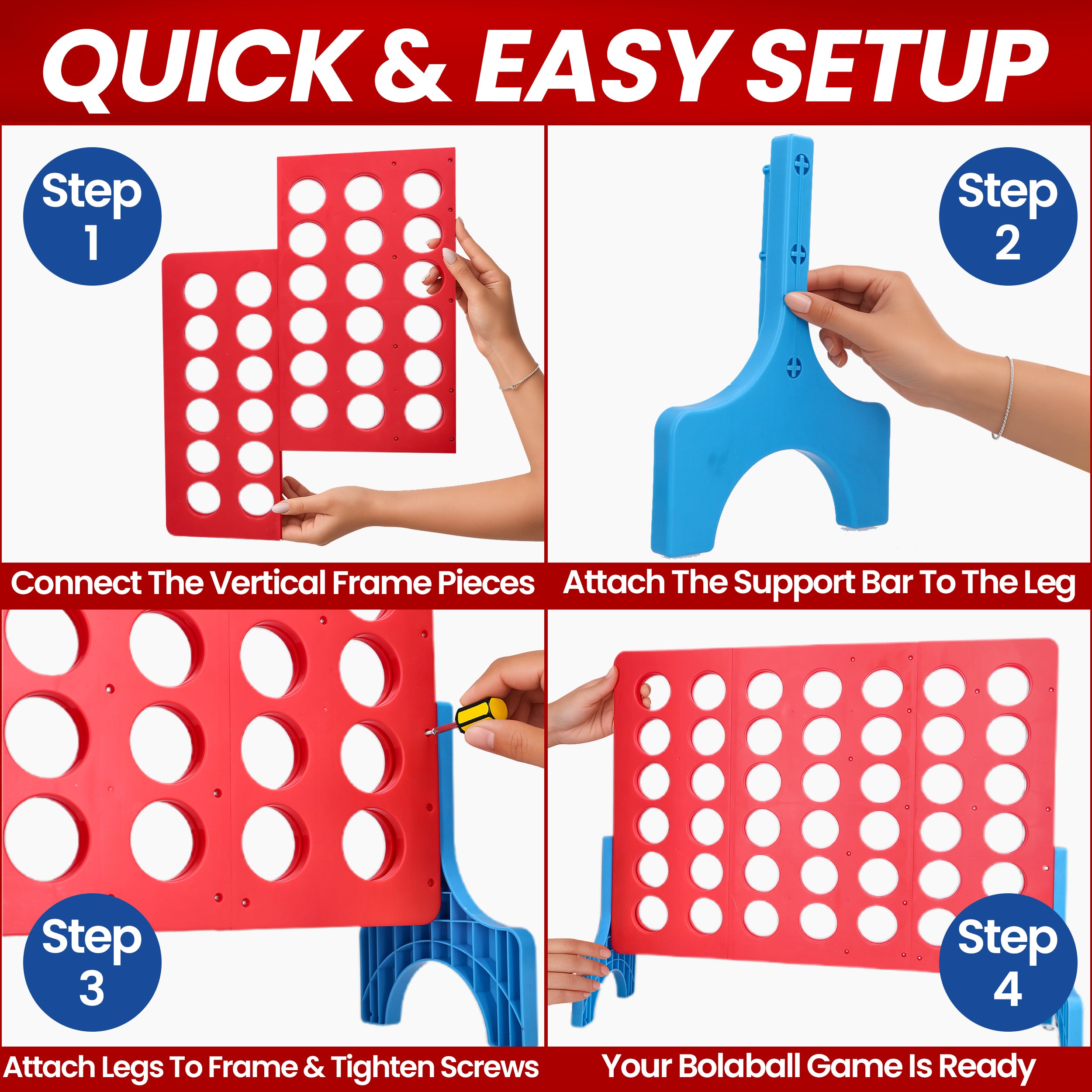 Bolaball 4 in a Row Outdoor Game - 1.8 Ft Life-Size Lawn Game for Family & Kids, Red Plastic, Model 317585