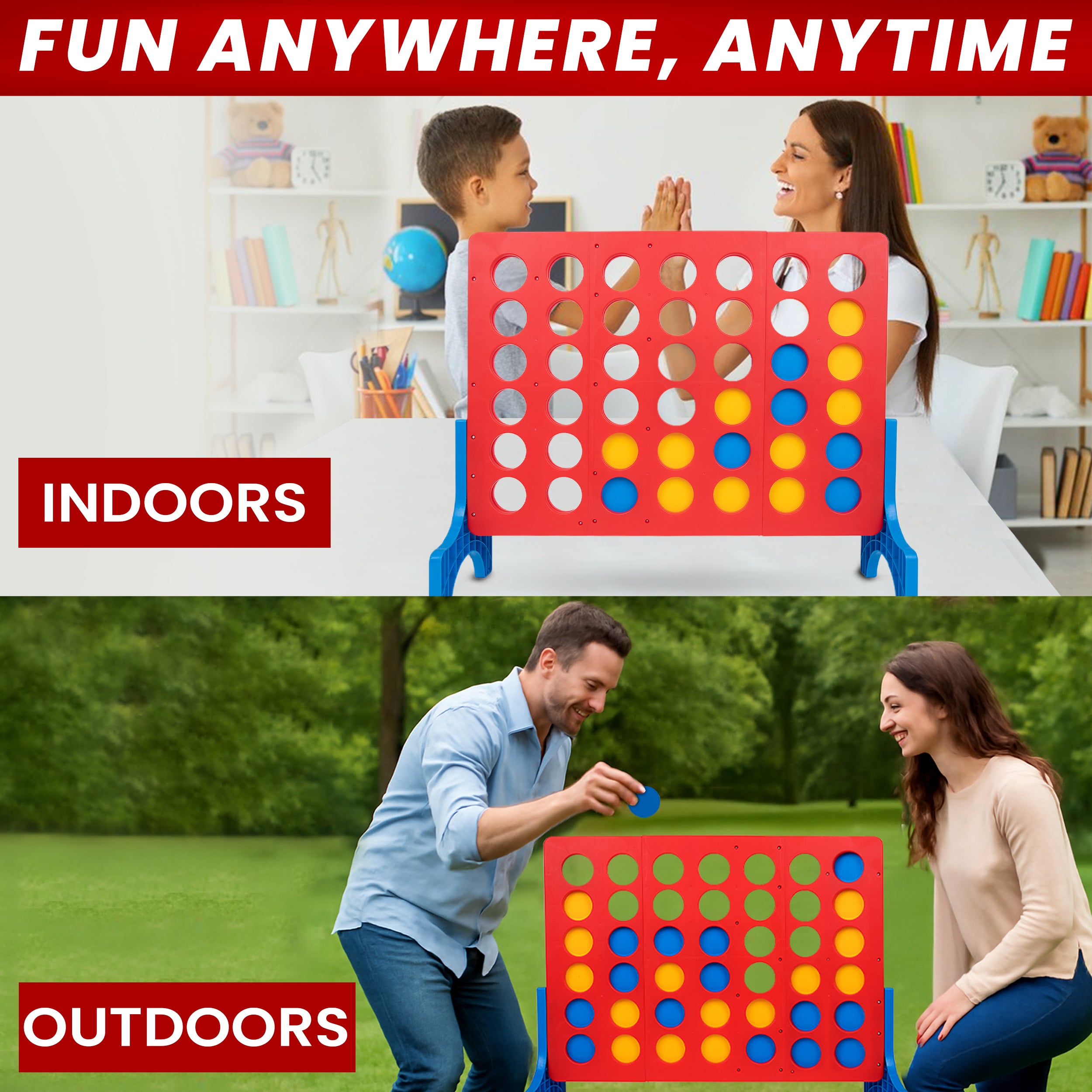 Large round plastic playing discs for 4 in a Row outdoor game, lightweight discs designed for kids and adults